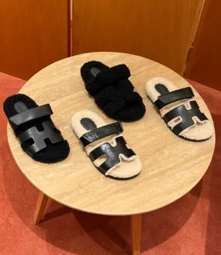 Hermes Women's 225 Chypre Sandals Black Lambswool Calfskin 332858