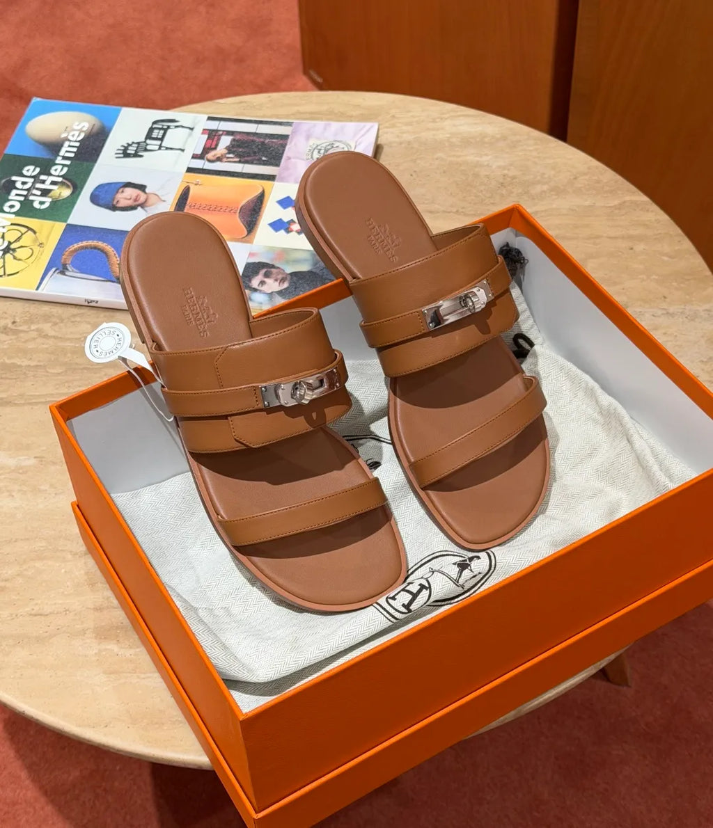 Hermes Women's 636 Nina Sandals Golden Brown Calfskin Leather 332890