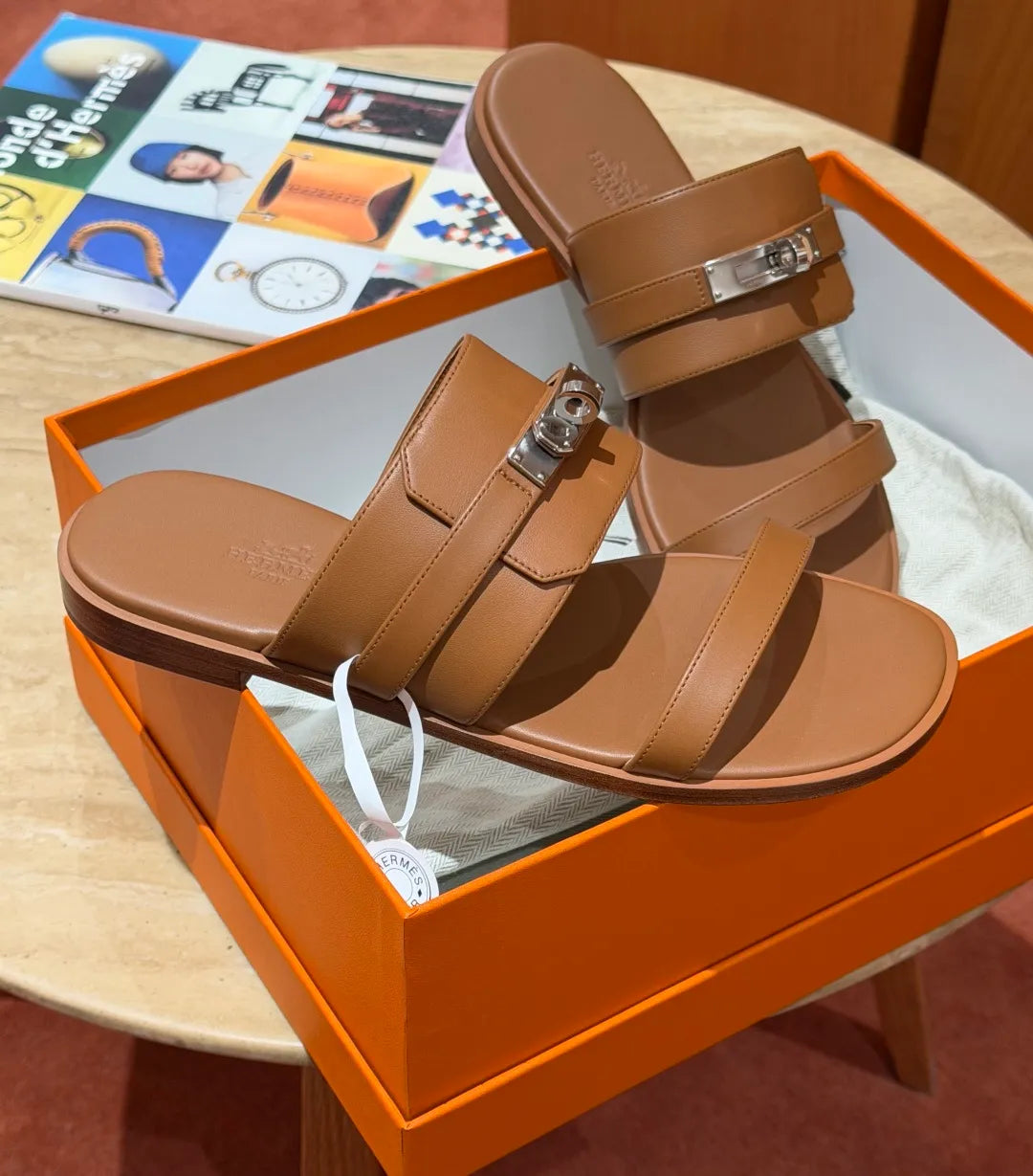 Hermes Women's 636 Nina Sandals Golden Brown Calfskin Leather 332890