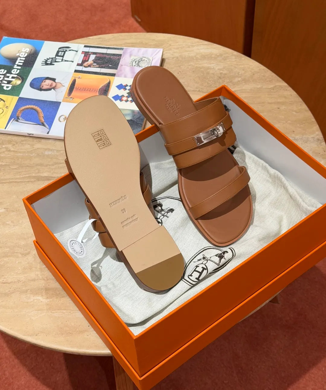 Hermes Women's 636 Nina Sandals Golden Brown Calfskin Leather 332890