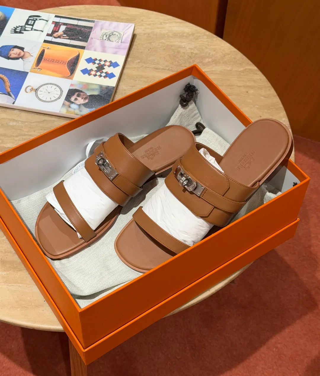 Hermes Women's 636 Nina Sandals Golden Brown Calfskin Leather 332890