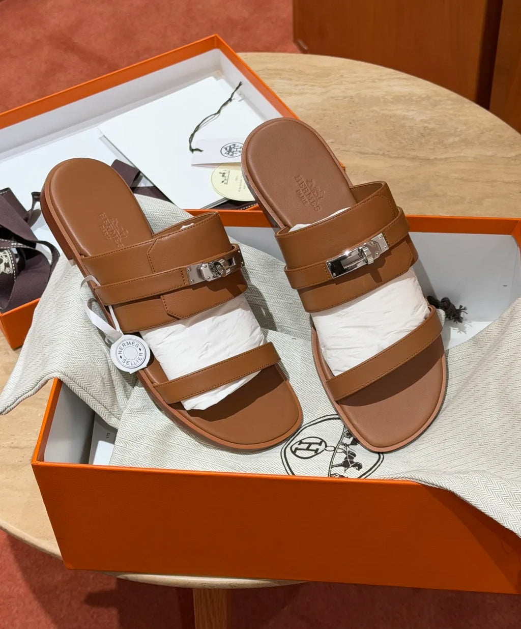 Hermes Women's 636 Nina Sandals Golden Brown Calfskin Leather 332890