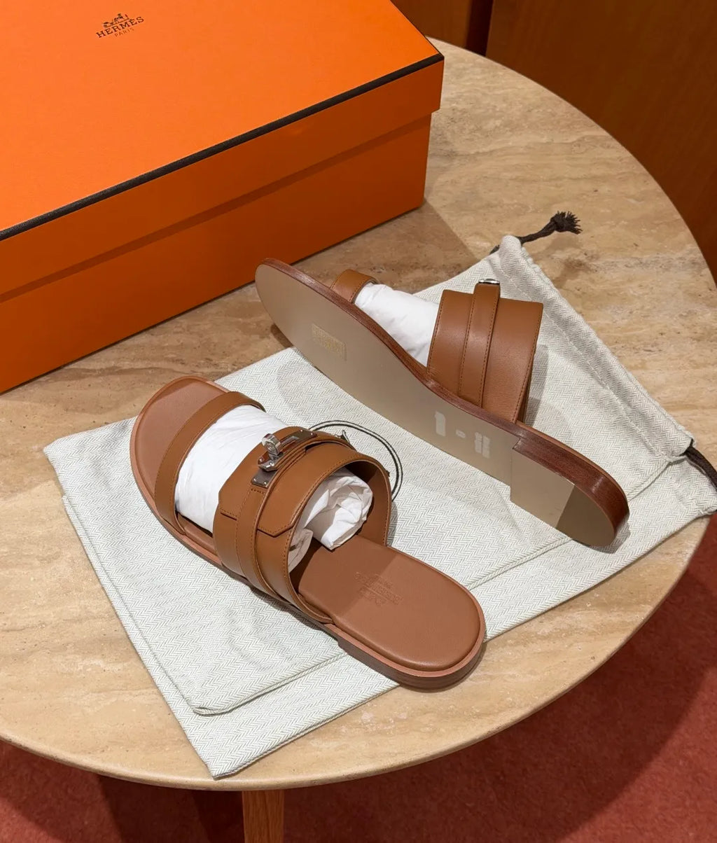 Hermes Women's 636 Nina Sandals Golden Brown Calfskin Leather 332890