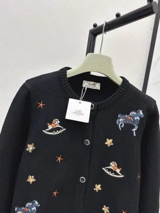 Hermès Women's Embroidered Crewneck Knit Cardigan 702600250