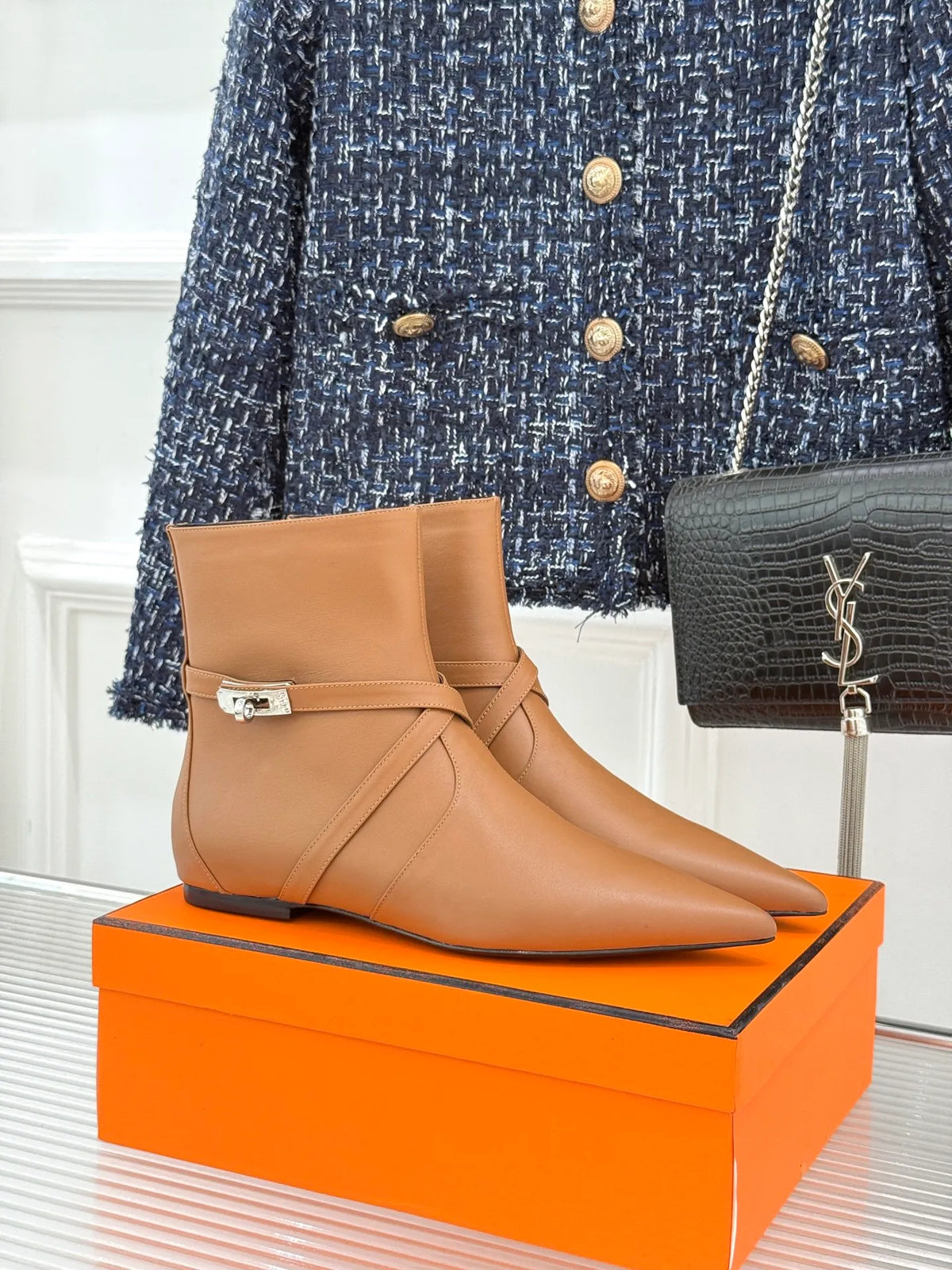 Hermès Women's Kelly Buckle Pointed Toe Kitten Heel Ankle Boots 26WF