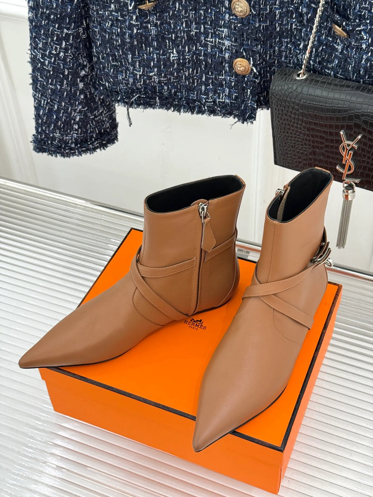 Hermès Women's Kelly Buckle Pointed Toe Kitten Heel Ankle Boots 26WF