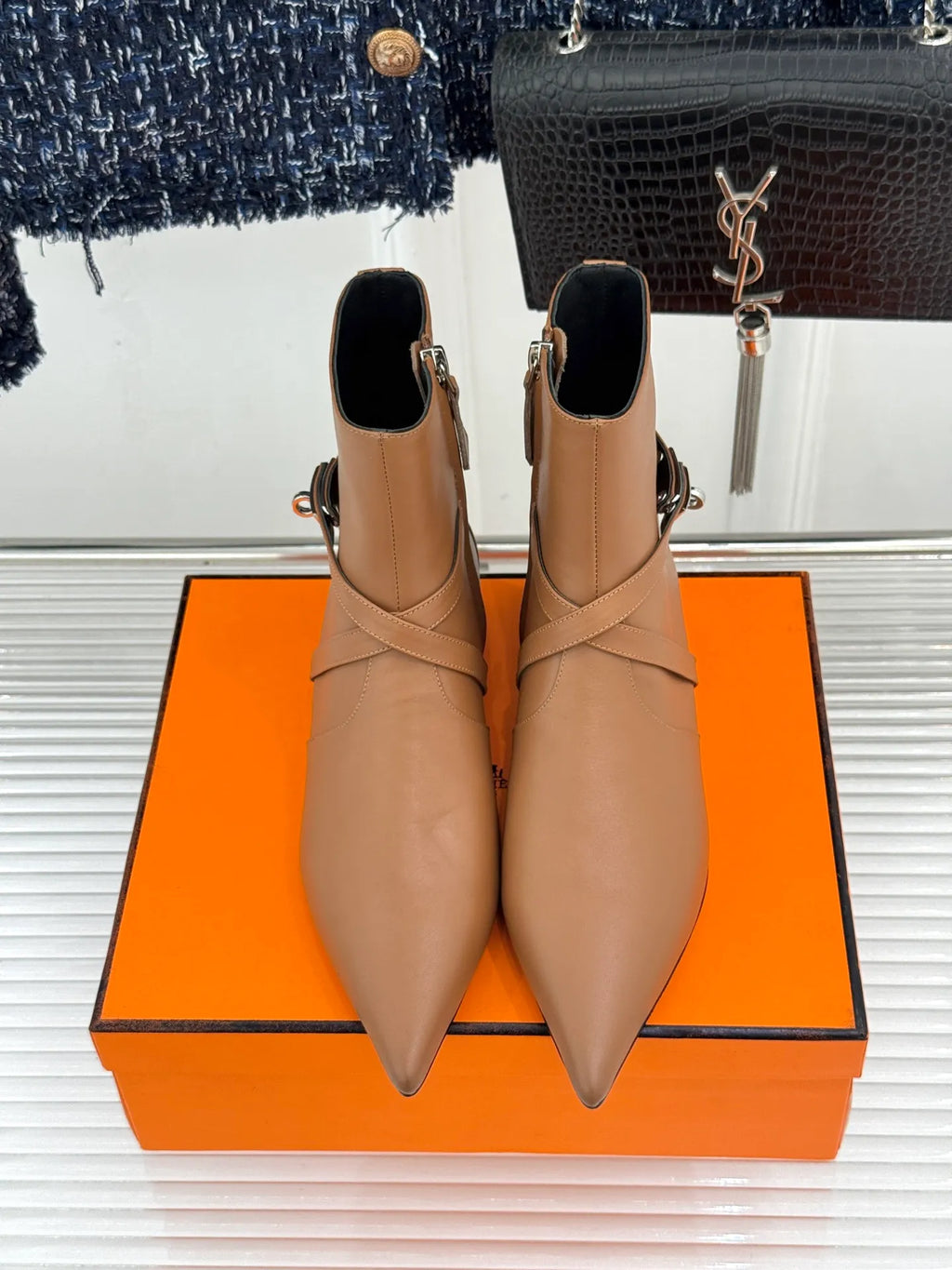 Hermès Women's Kelly Buckle Pointed Toe Kitten Heel Ankle Boots 26WF