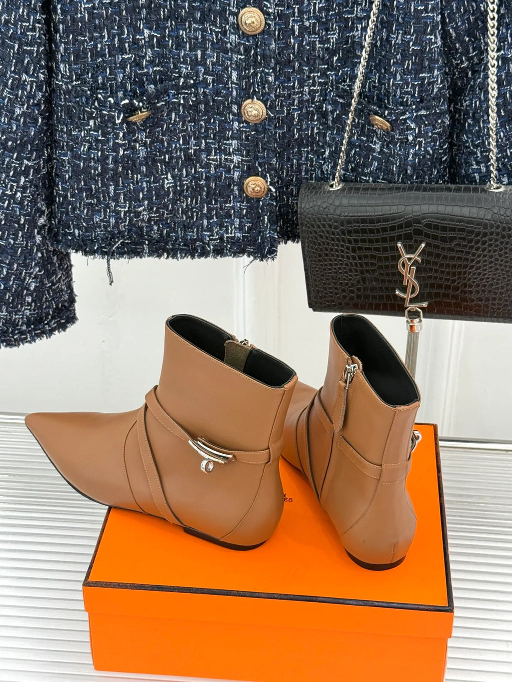 Hermès Women's Kelly Buckle Pointed Toe Kitten Heel Ankle Boots 26WF