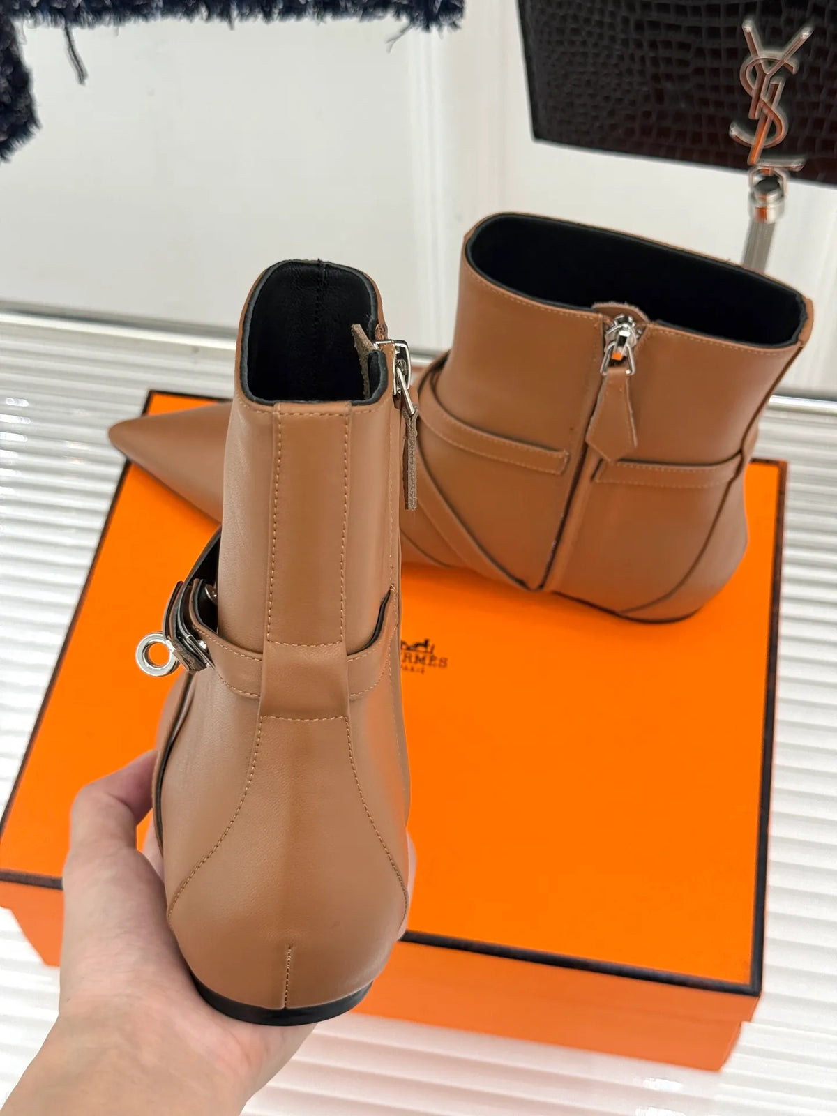 Hermès Women's Kelly Buckle Pointed Toe Kitten Heel Ankle Boots 26WF
