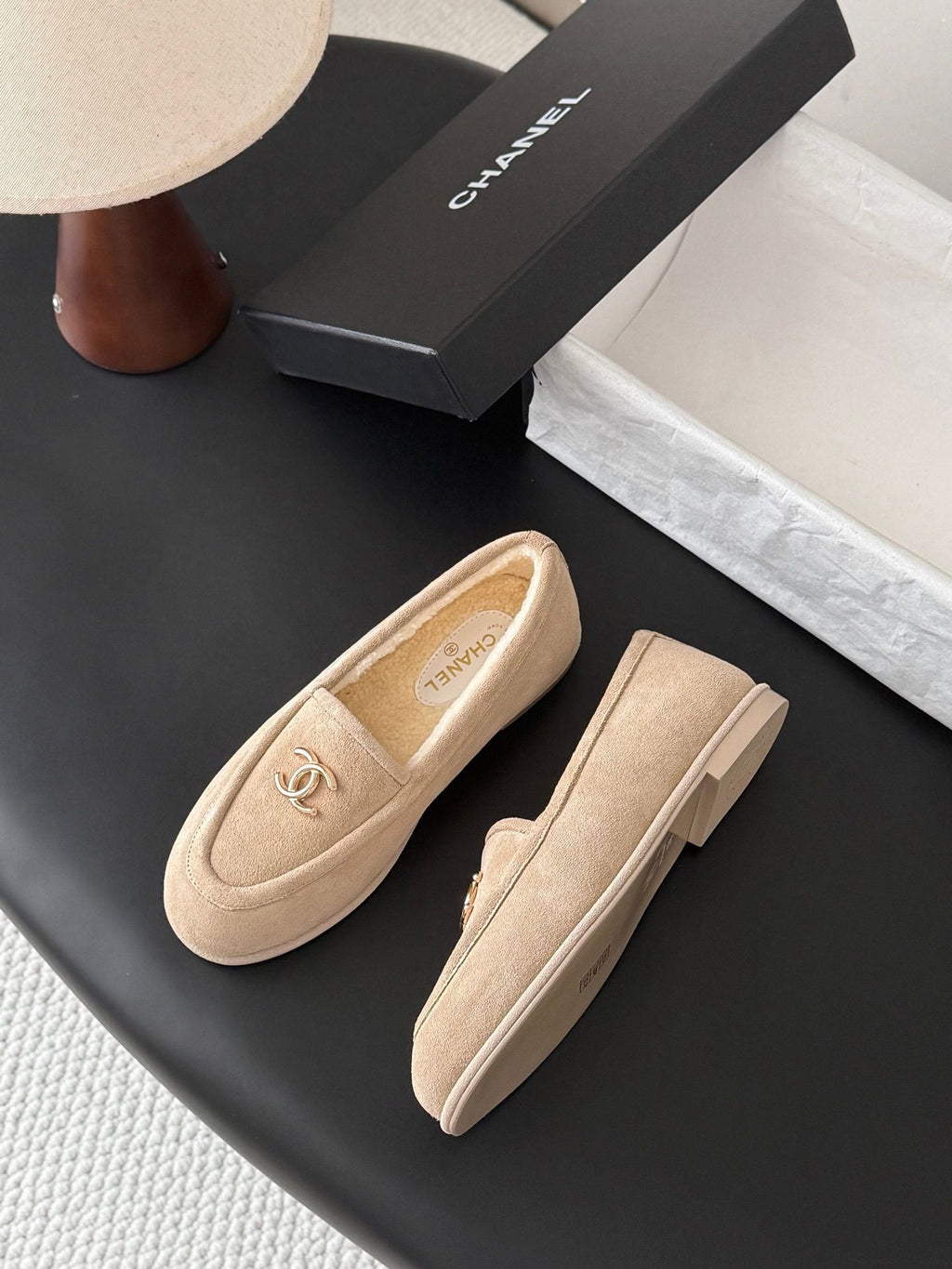 Chanel Women's Suede Fuzzy Loafers 26B