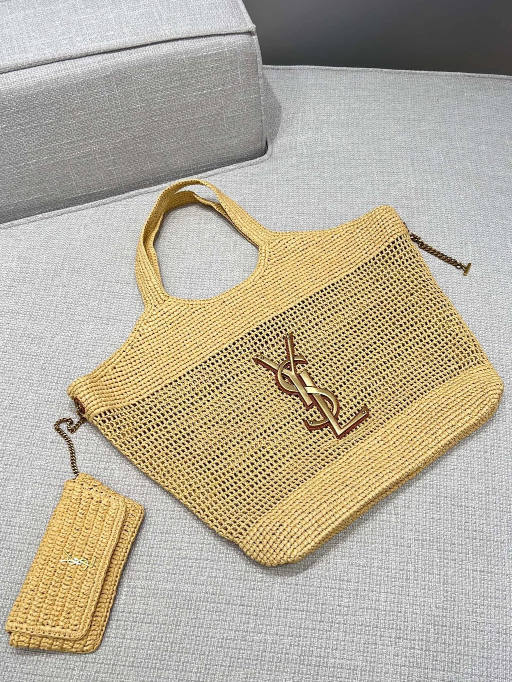 ICARE Raffia Crochet Shopping Tote Bag Natural
