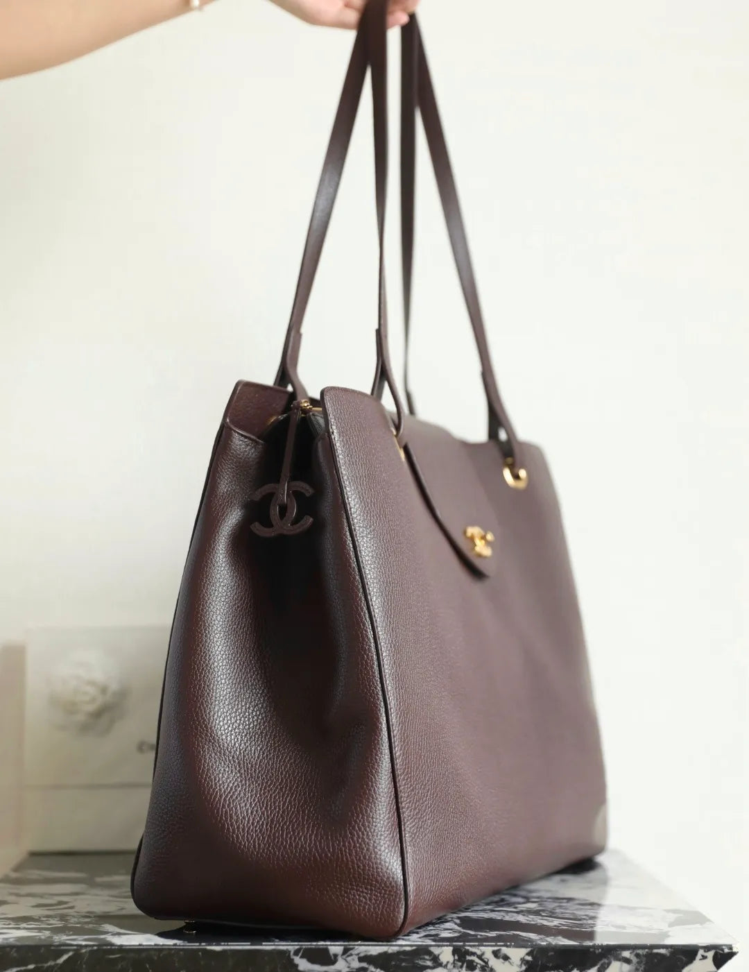 Large Pebbled Calfskin Shopping Bag Chocolate Brown C-872