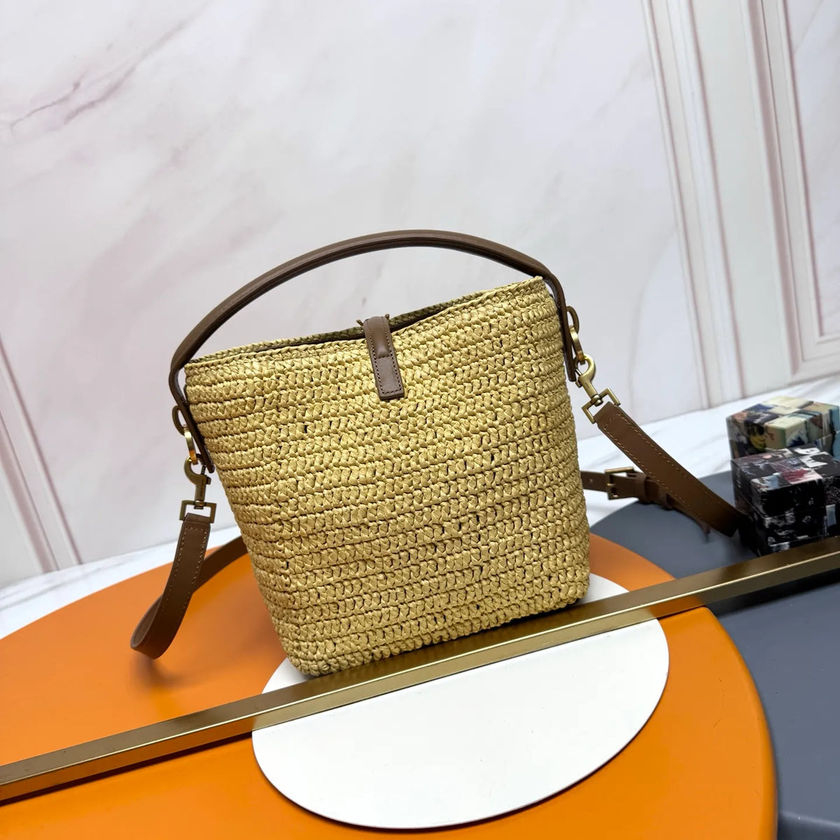 LE 37 7.9 in Raffia Bucket Bag 749036