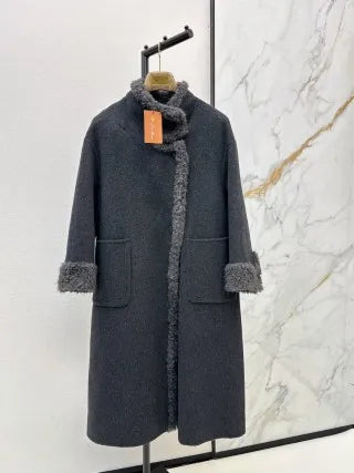 Loro Piana Women's Shearling Trim Long Wool Coat 26S 99620610