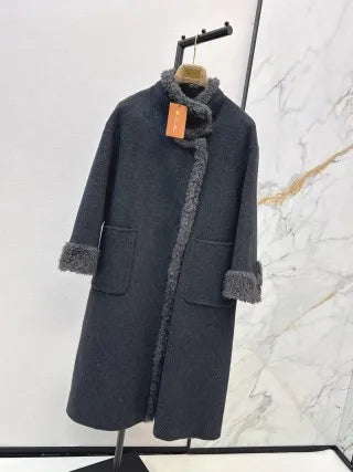 Loro Piana Women's Shearling Trim Long Wool Coat 26S 99620610