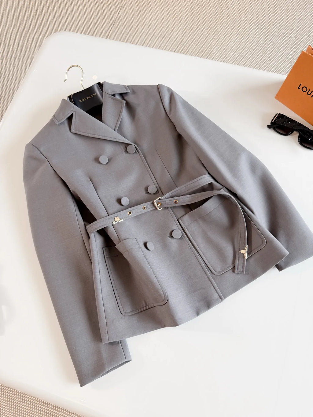 LOUIS Women's Wool Double-Breasted Monogram Belted Jacket 26S