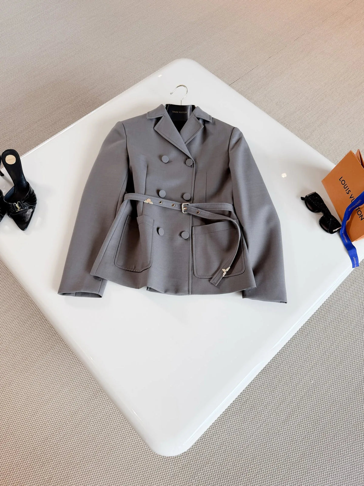 LOUIS Women's Wool Double-Breasted Monogram Belted Jacket 26S