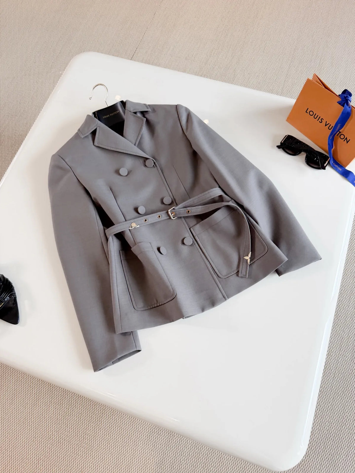 LOUIS Women's Wool Double-Breasted Monogram Belted Jacket 26S
