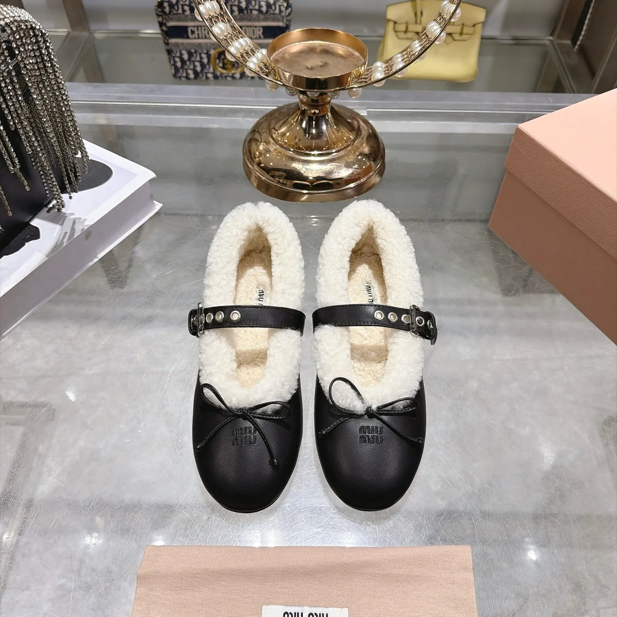 Miu Miu Women's Bow Ballet Flats Sheepskin Wool Rubber