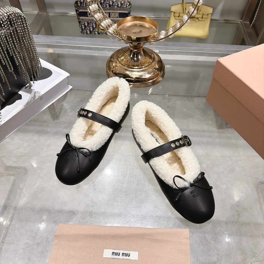 Miu Miu Women's Bow Ballet Flats Sheepskin Wool Rubber