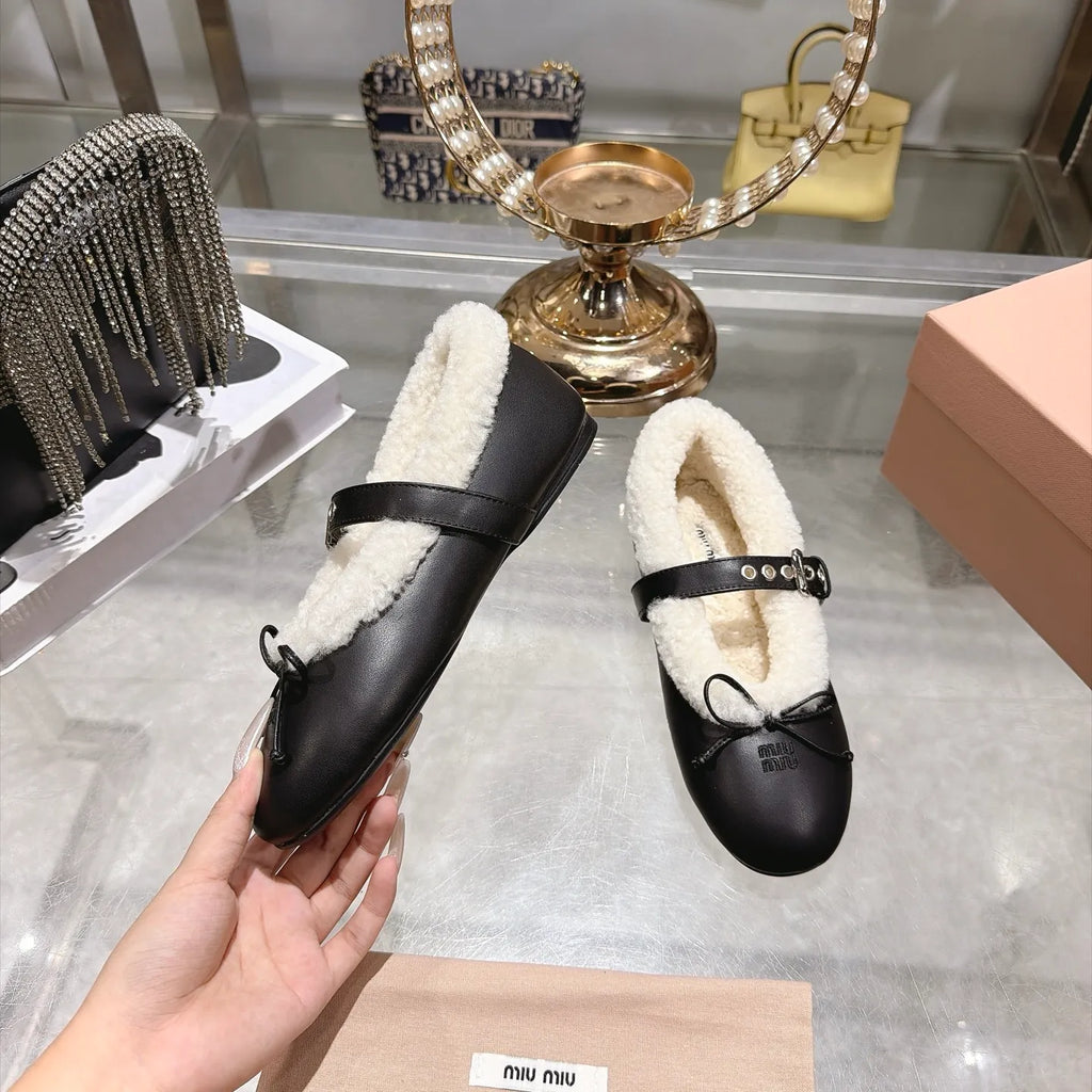 Miu Miu Women's Bow Ballet Flats Sheepskin Wool Rubber