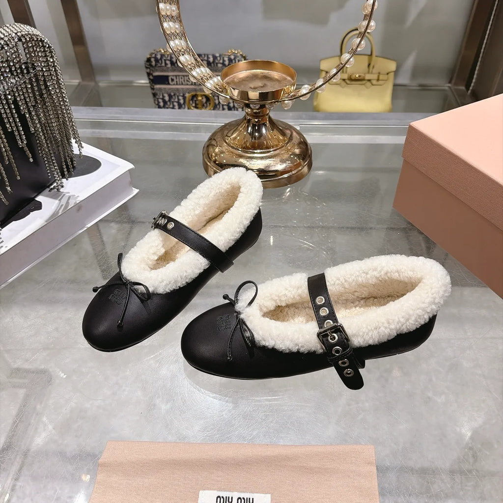 Miu Miu Women's Bow Ballet Flats Sheepskin Wool Rubber