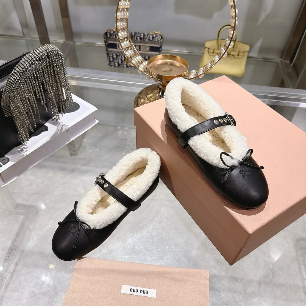 Miu Miu Women's Bow Ballet Flats Sheepskin Wool Rubber