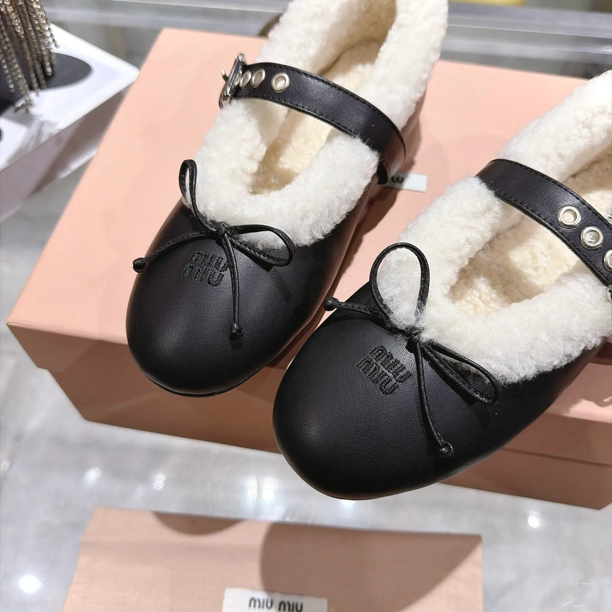 Miu Miu Women's Bow Ballet Flats Sheepskin Wool Rubber
