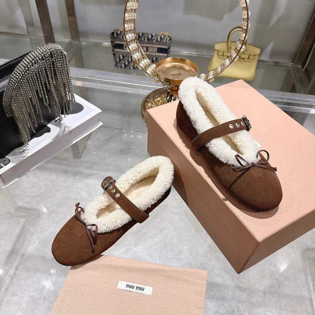 Miu Miu Women's Bow Ballet Flats Sheepskin Wool Rubber