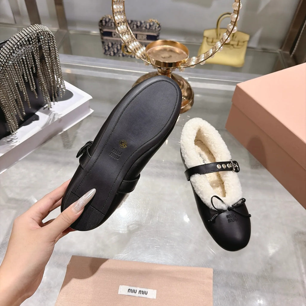 Miu Miu Women's Bow Ballet Flats Sheepskin Wool Rubber