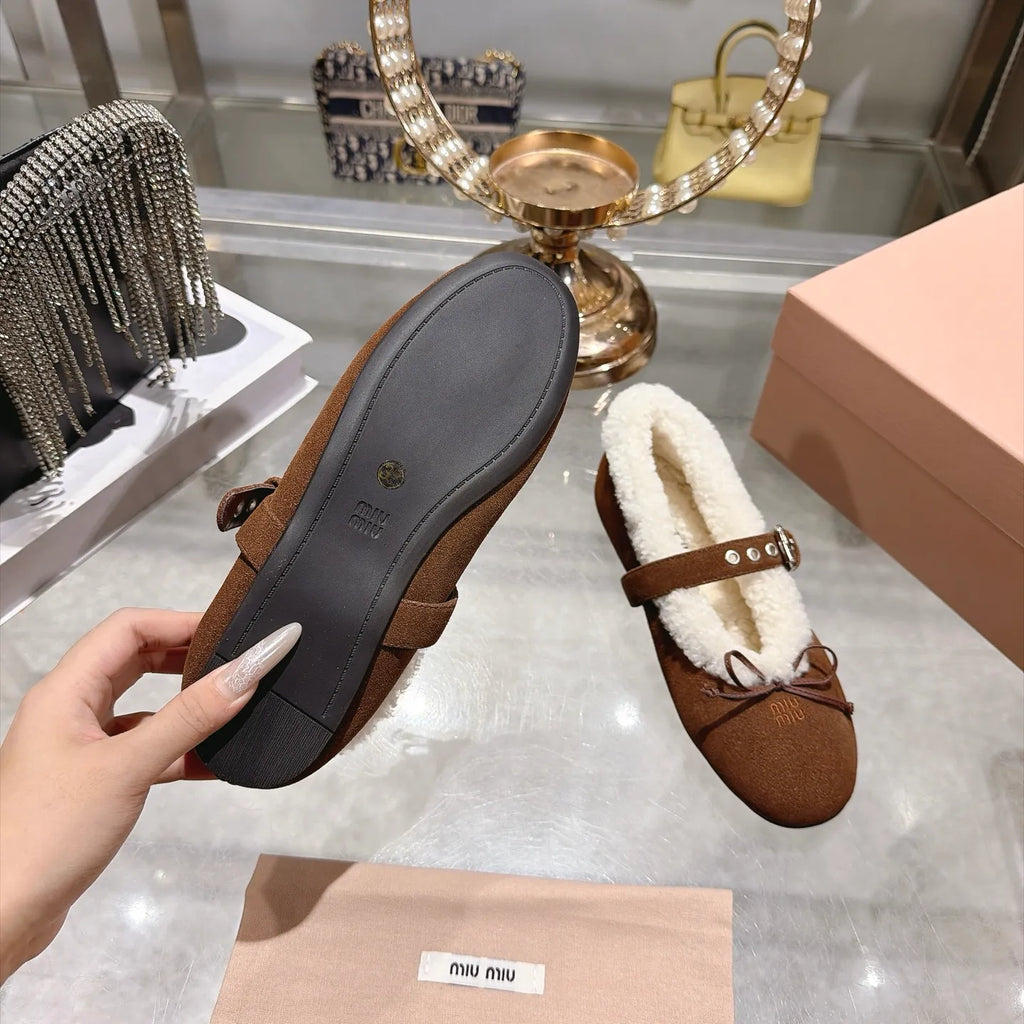 Miu Miu Women's Bow Ballet Flats Sheepskin Wool Rubber