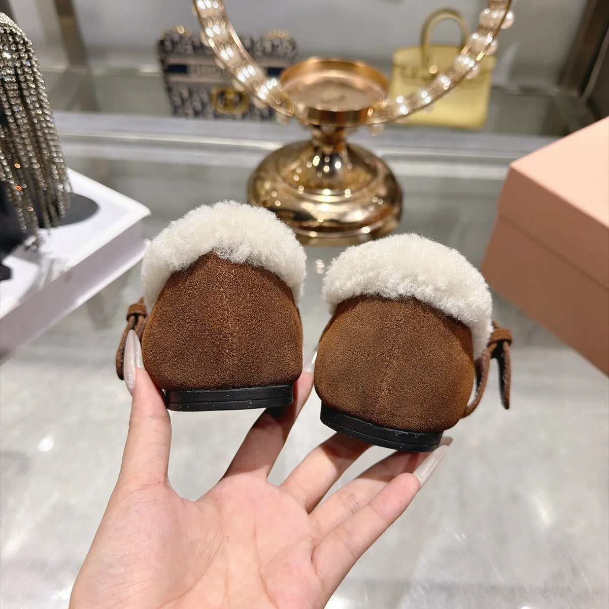 Miu Miu Women's Bow Ballet Flats Sheepskin Wool Rubber