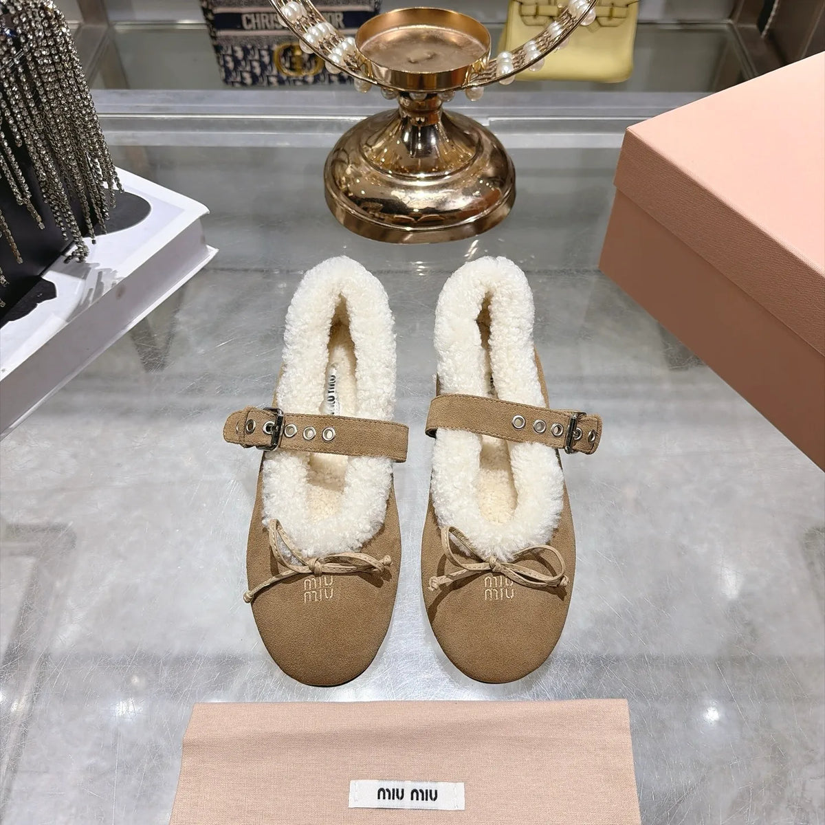 Miu Miu Women's Bow Ballet Flats Suede Shearling Rubber 2026