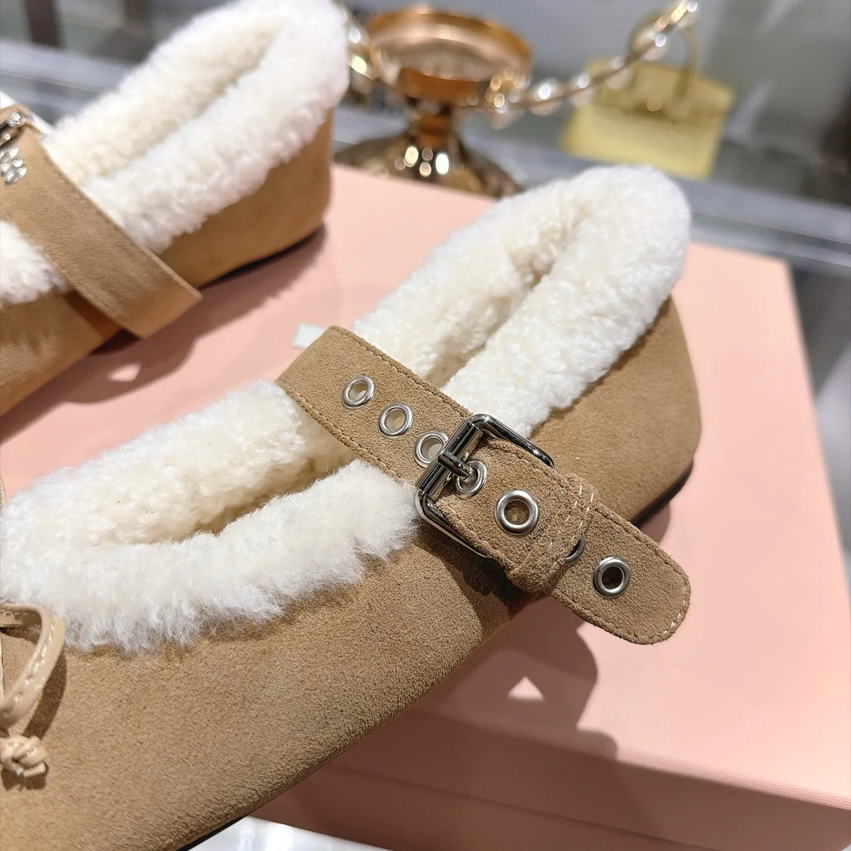 Miu Miu Women's Bow Ballet Flats Suede Shearling Rubber 2026
