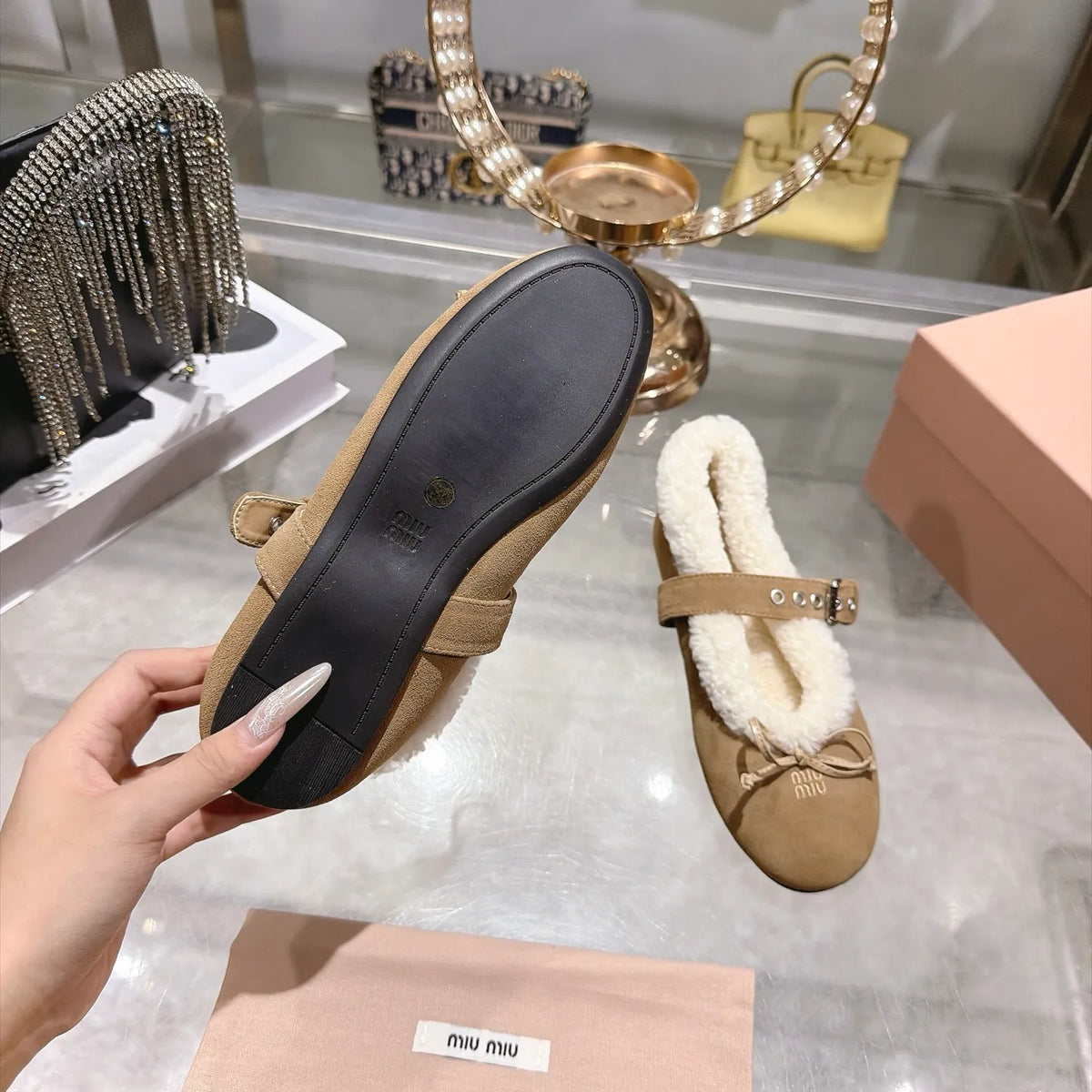 Miu Miu Women's Bow Ballet Flats Suede Shearling Rubber 2026