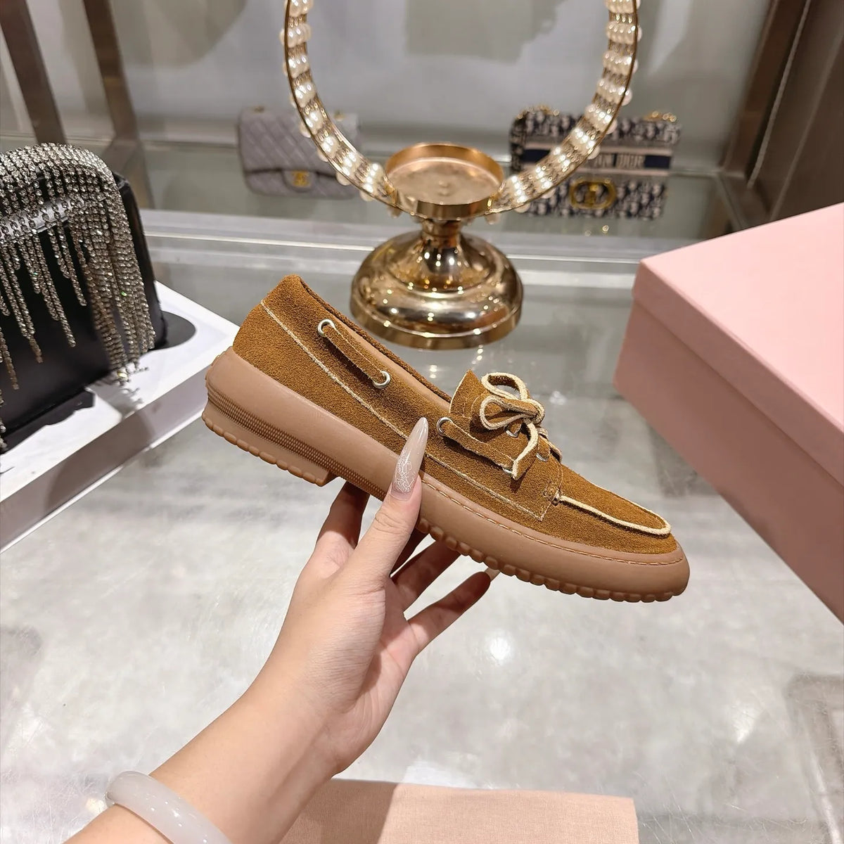 Miu Miu Women's Bow German Trainer Sneakers Calfskin Suede Sheepskin 2026