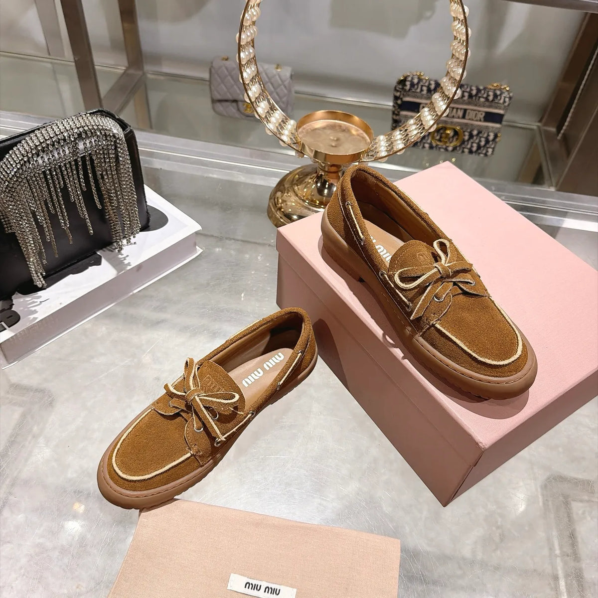 Miu Miu Women's Bow German Trainer Sneakers Calfskin Suede Sheepskin 2026