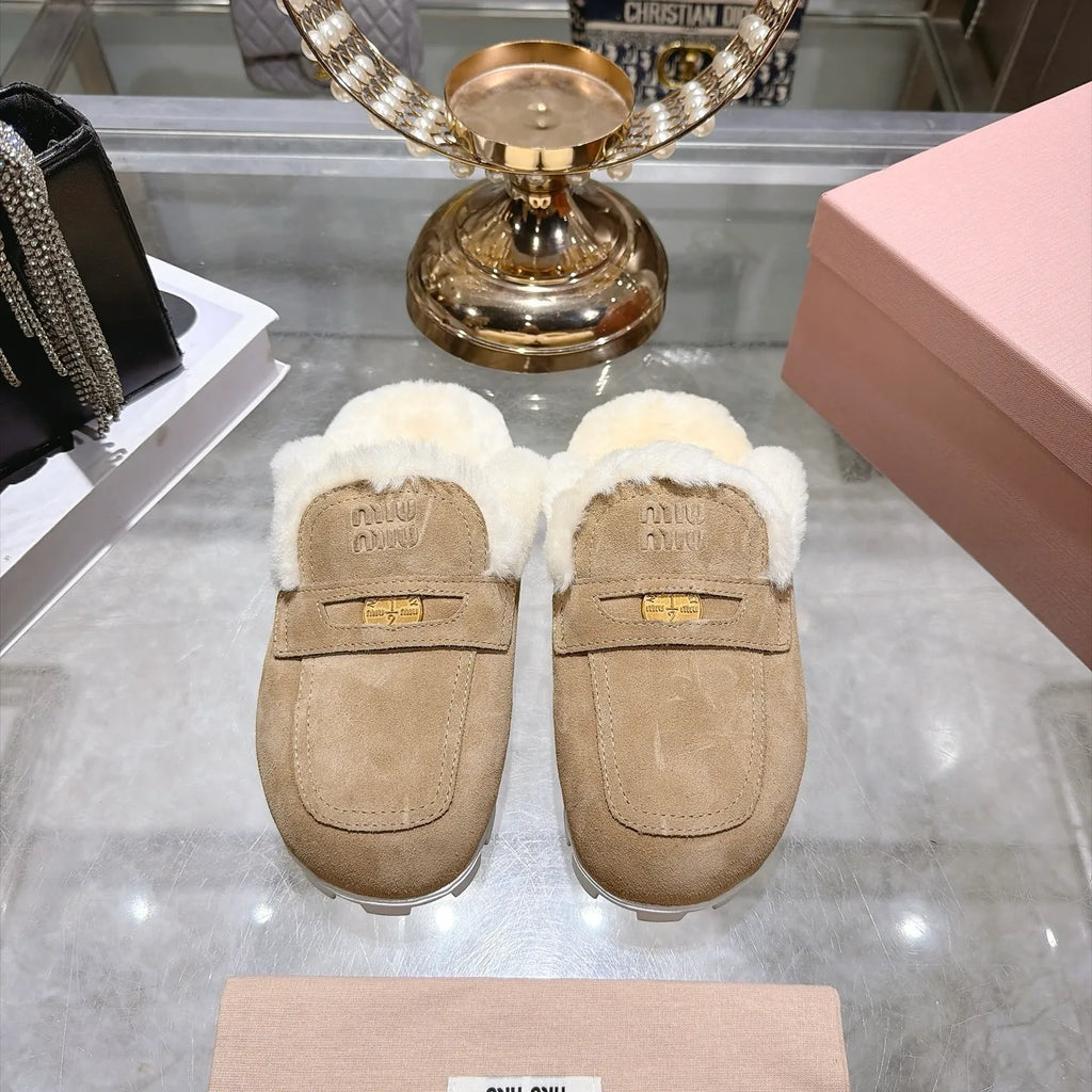 Miu Miu Women's Fur Slippers Suede Shearling Rubber