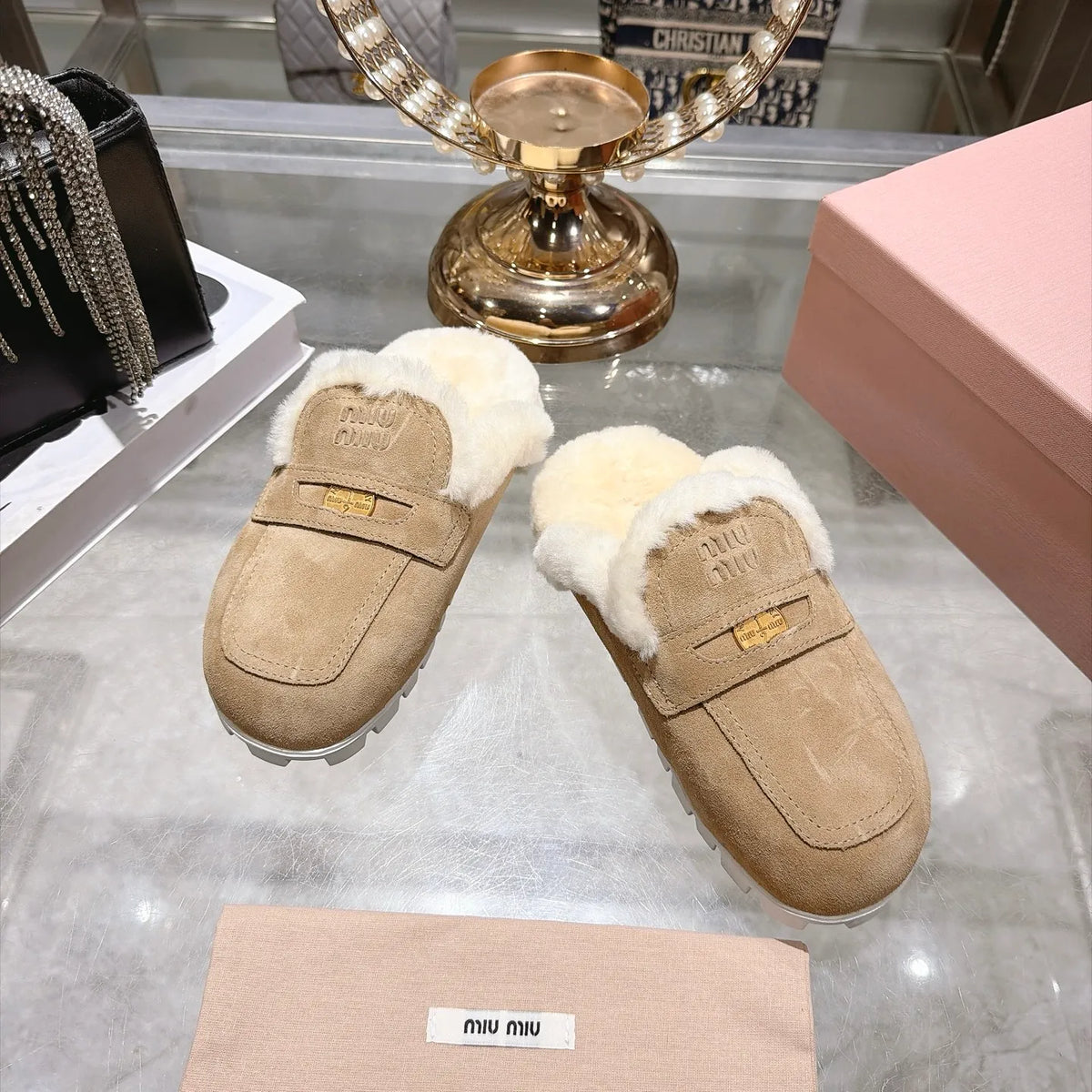 Miu Miu Women's Fur Slippers Suede Shearling Rubber