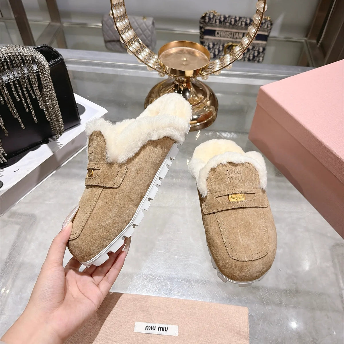 Miu Miu Women's Fur Slippers Suede Shearling Rubber