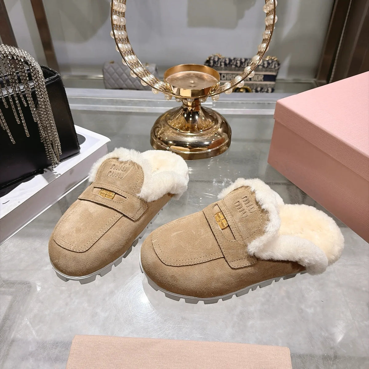 Miu Miu Women's Fur Slippers Suede Shearling Rubber