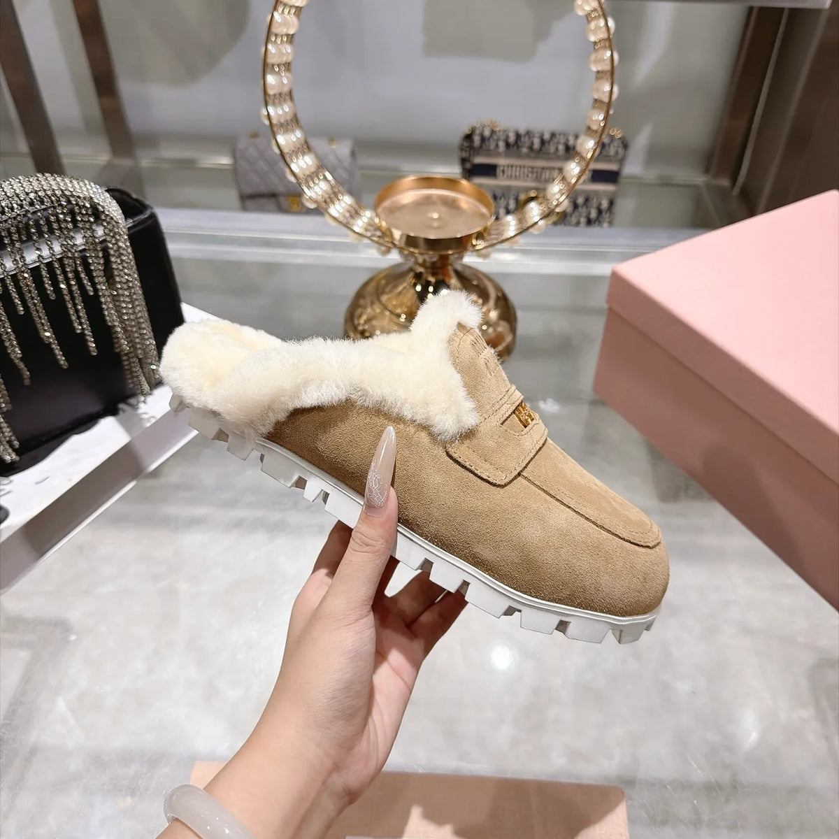 Miu Miu Women's Fur Slippers Suede Shearling Rubber