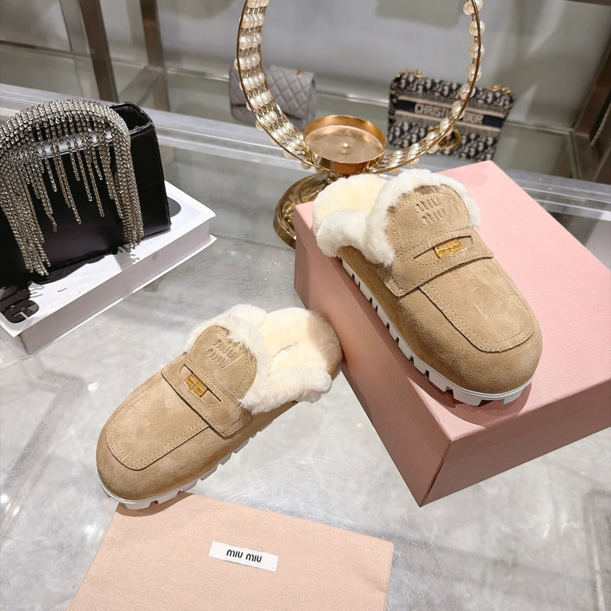 Miu Miu Women's Fur Slippers Suede Shearling Rubber