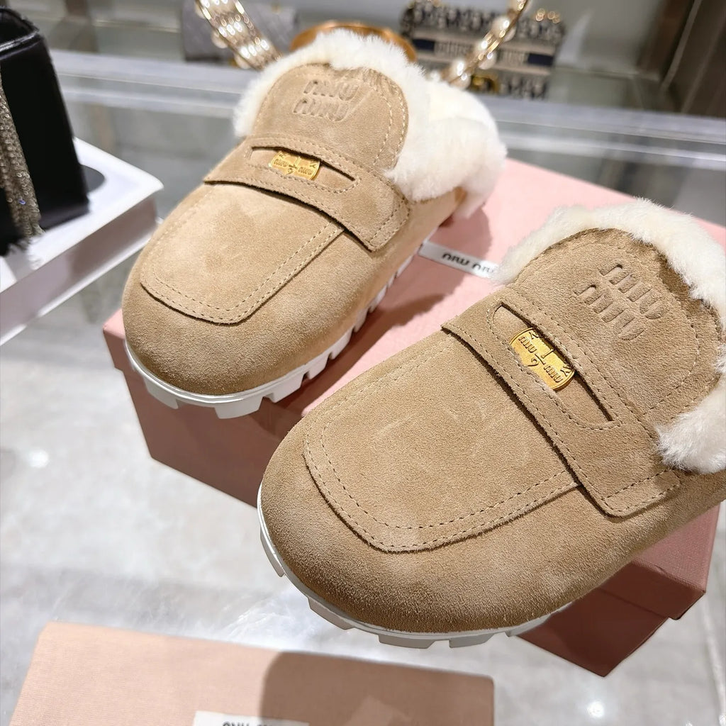 Miu Miu Women's Fur Slippers Suede Shearling Rubber
