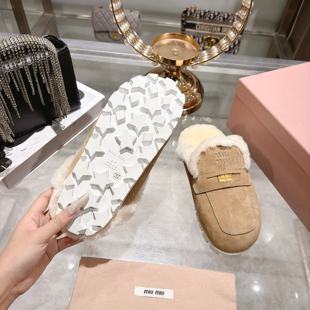 Miu Miu Women's Fur Slippers Suede Shearling Rubber