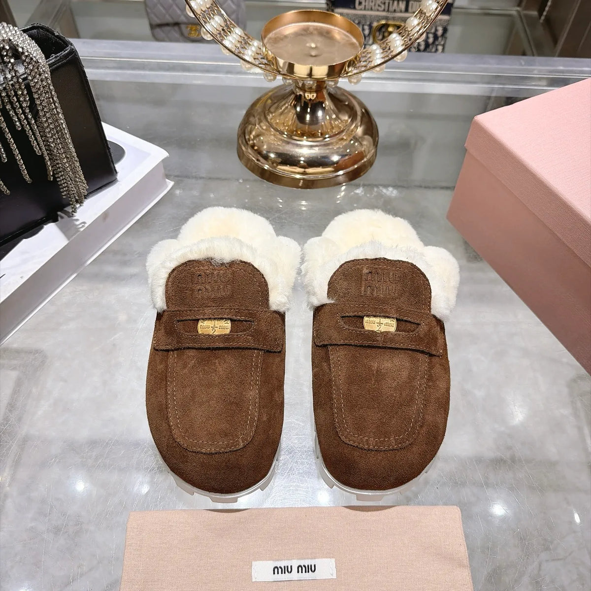 Miu Miu Women's Fur Slippers Suede Wool Rubber