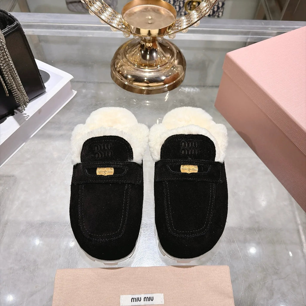 Miu Miu Women's Fur Slippers Suede Wool Rubber