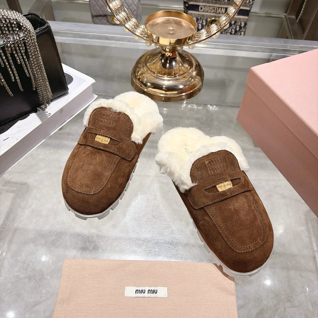 Miu Miu Women's Fur Slippers Suede Wool Rubber