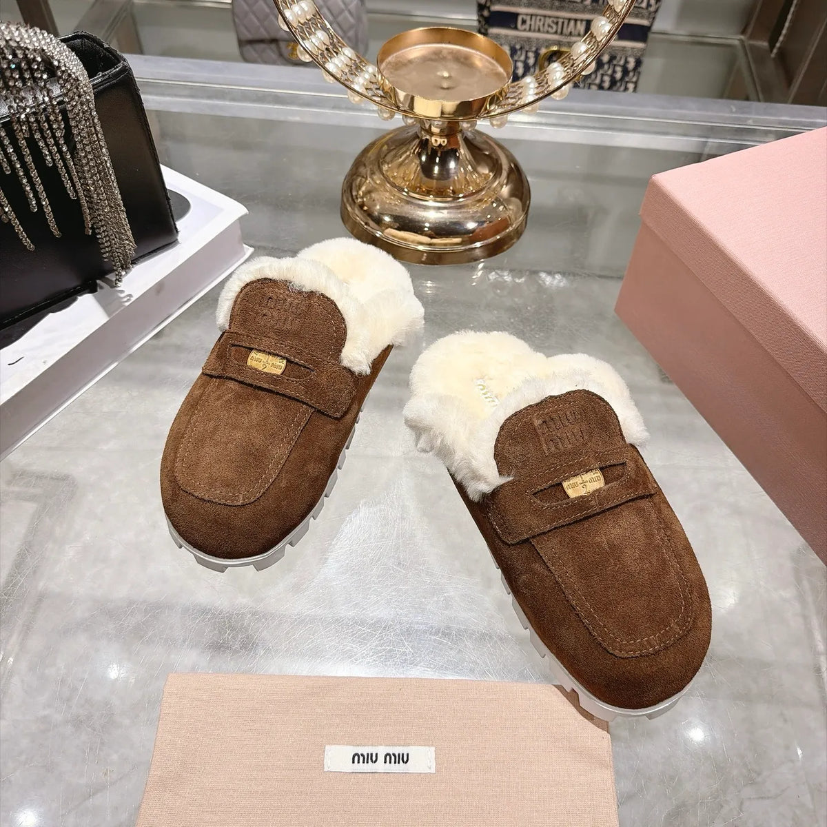 Miu Miu Women's Fur Slippers Suede Wool Rubber