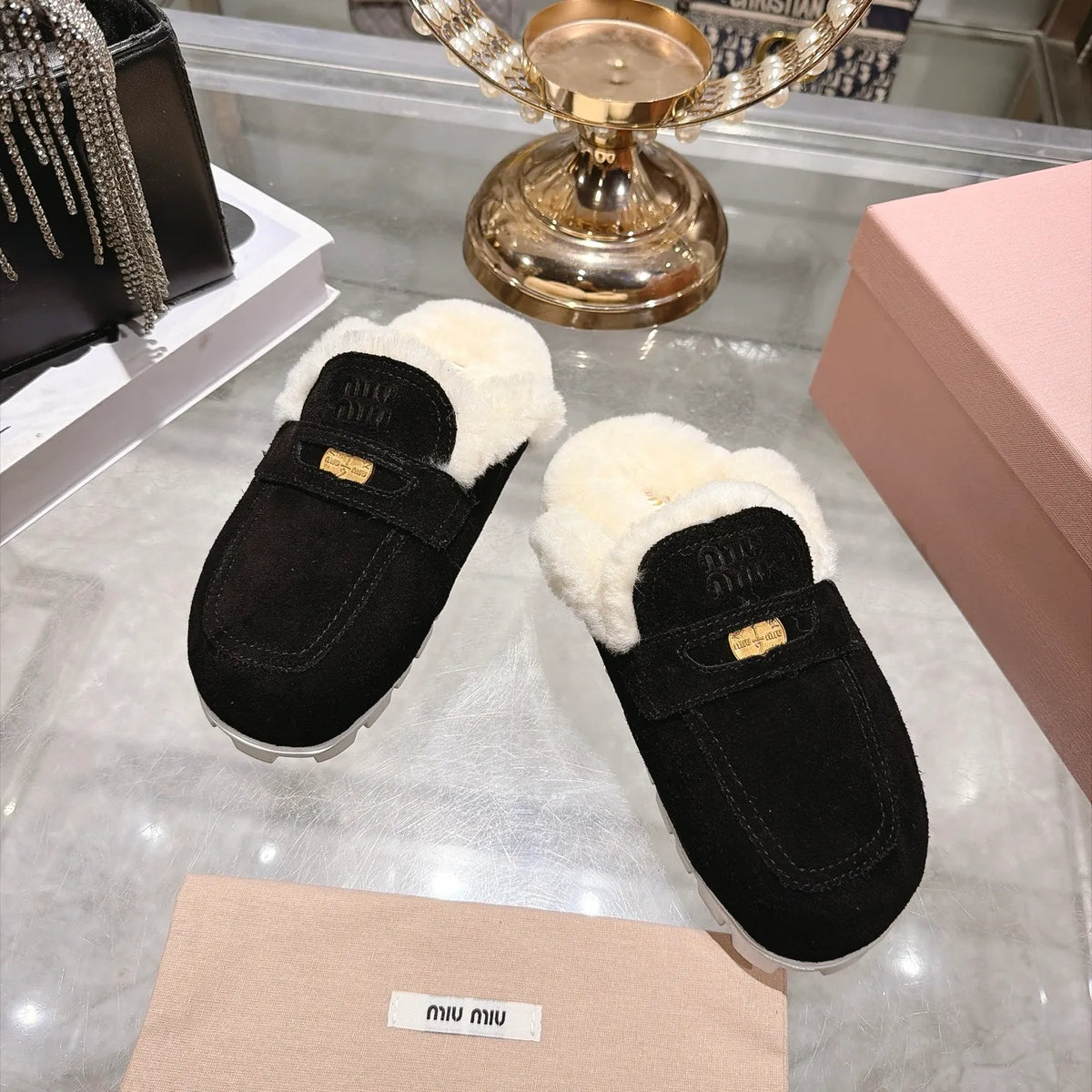 Miu Miu Women's Fur Slippers Suede Wool Rubber